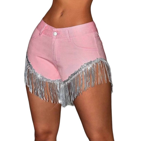 Women's Fashion Denim Shorts With Rhinestone And Tassel Decor - Picture 2 of 4
